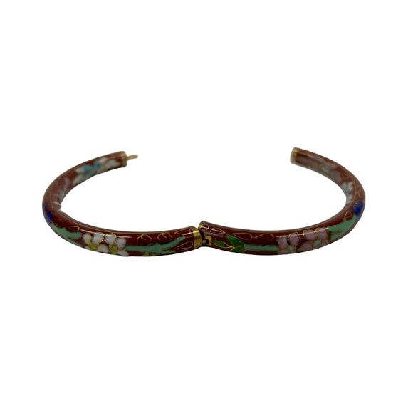 Hinged Bangle Bracelet Cloisonne Multicolor Flowers Brown Enamel Chinese Export - Picture 3 of 3